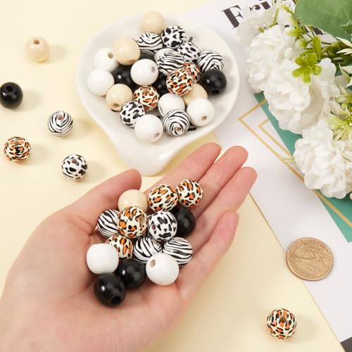 SOFPLATE 240pcs 16mm Black and White Wood Beads Cow Beads Wooden Zebra Leopard Print Round Natural Wooden Spacer Loose Bead for jewellery Making Assorted Farmhouse Home Decoration DIY Crafts Supplies - Image 3