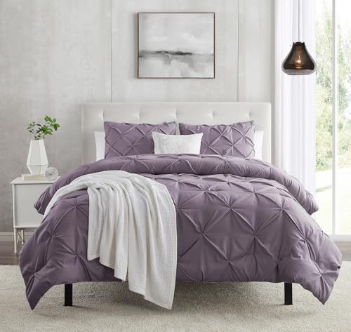 California King Duvet Cover Set - Gray Purple Pintuck, 3 Piece with Button Closure, 104x98 Inches, 2 Pillow Shams