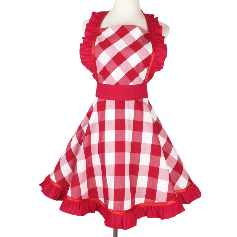 Violet Mist Red Plaid Vintage Apron for Women Girls Ladies Cute Ruffle Frilly Apron Red Christmas Aprons Retro Aprons for Kitchen Cooking Baking 50s
