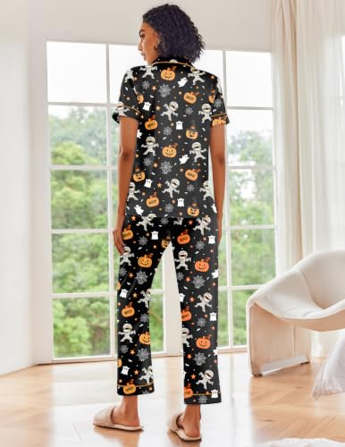 Image of Ekouaer 2 Piece Satin Short Sleeve Pajamas Set Button Down Sleepwear