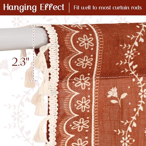 Image of Yinhua Boho Kitchen Curtains 36 Inch Length Vintage Linen Burnt Orange Cafe Curtains Light Filtering Floral Tier Rod Pocket Farmhouse Rustic Tassel Terracotta Small Drapes with Tiebacks, 2 Panels