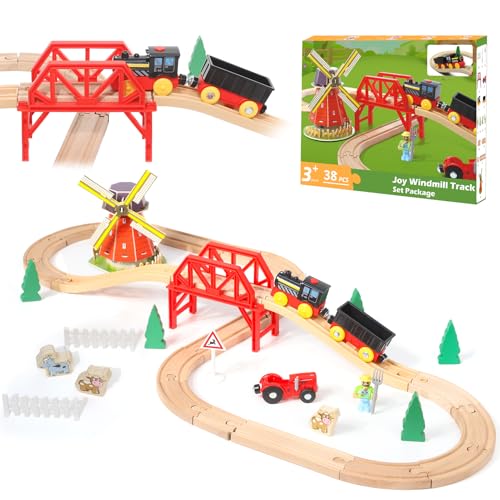 LZDMY Holzeisenbahn Set Zug Kinder, 38 Stück Elektrische Eisenbahn aus Holz Kompatibel mit Brio- Holzschienen, Holzzug Spielzeug für 3 4 5 6 Jahre alt Spielzeugeisenbahn Geschenk für Junge & Mädchen