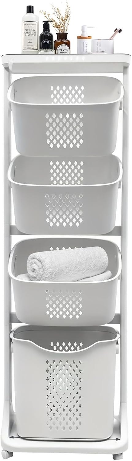 4-Tier Vertical Laundry Hamper Sorter, Laundry Storage Organizer with Wheels Removable Rolling Laundry Baskets, Bathroom Cart for Dirty Clothes (White) (4-Tier)