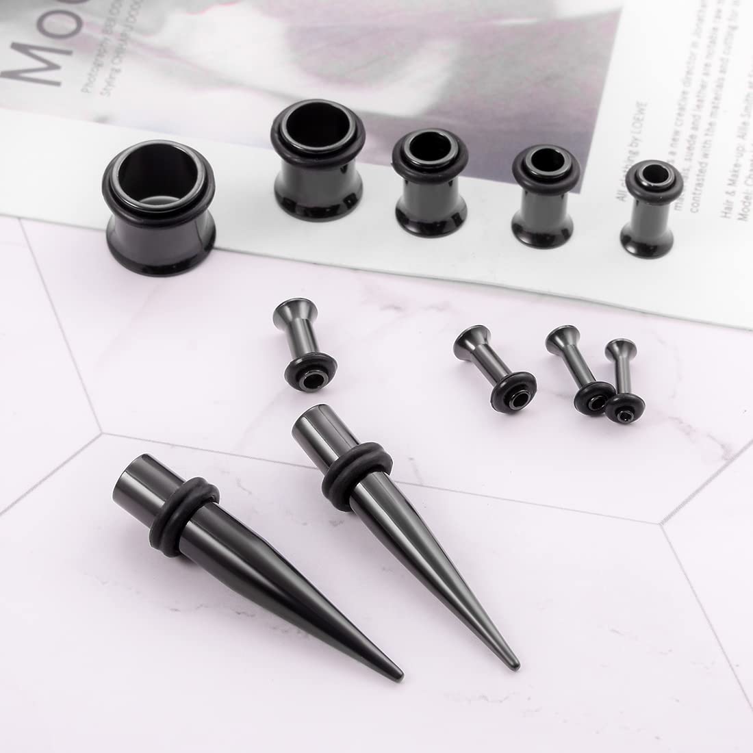 Huacan 36 szt. zestaw do rozciągania uszu ze stali nierdzewnej czarny srebrny tęczowe rozciągacze do uszu stożek punkowy piercing, Stal nierdzewna, guma, stal