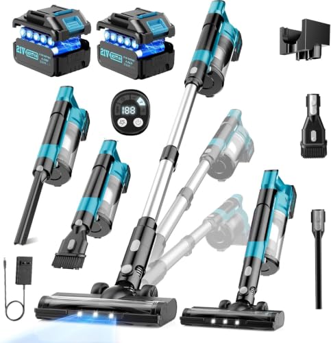 Cordless Vacuum Cleaners for Home with 2*Battery 8000mAh, Brushless Rechargeable Stick Vacuum with 3 Mode, 6 In 1 Portable Handheld Cordless Vacuum for Pet Hair /Hardwood Floor/Dorm/Carpet (Blue)