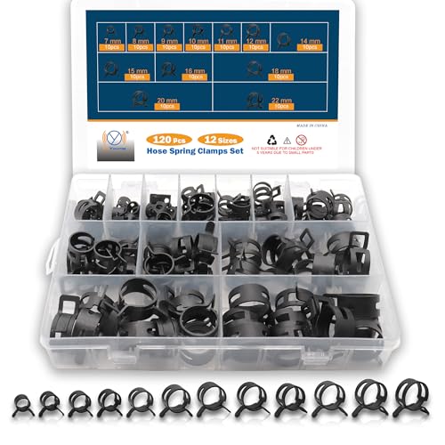 DIYoung 120 Pièces Colliers de Serrage à Ressort 7-22 mm, Noir Clips à Ressort, pour Tuyaux et Conducteurs de Carburant (12 Tailles)
