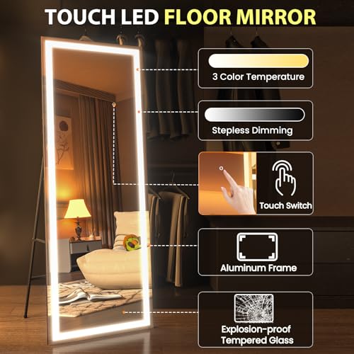 Image of pertetey 57X18 Inch LED Full Length Floor Mirror with Lights, Black Frame Lighted Dimmable & 3 Color Modes Full Body Dressing Standing Wall Mounted for Living Room, Bedroom
