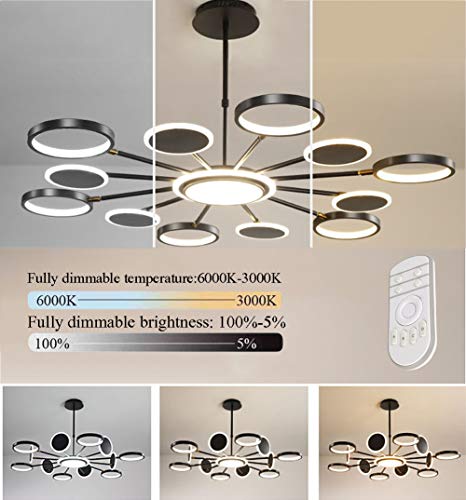CUNTO Lampadario a LED con telecomando, può ruotare le luci del soggiorno moderno, lampade a sospensione, lampada a sospensione, luminosità (5%-100%), camera da letto, cucina, sala da pranzo,Nero