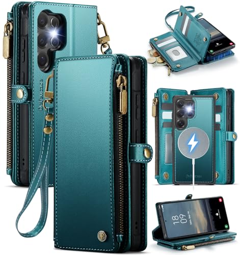 Defencase for Samsung Galaxy S22 Ultra Magnetic Wallet Case Compatible with Magsafe with RFID Blocking Zipper & Card Holder Women PU Leather Detachable Phone Case for Galaxy S22 Ultra 6.8 Blue Green