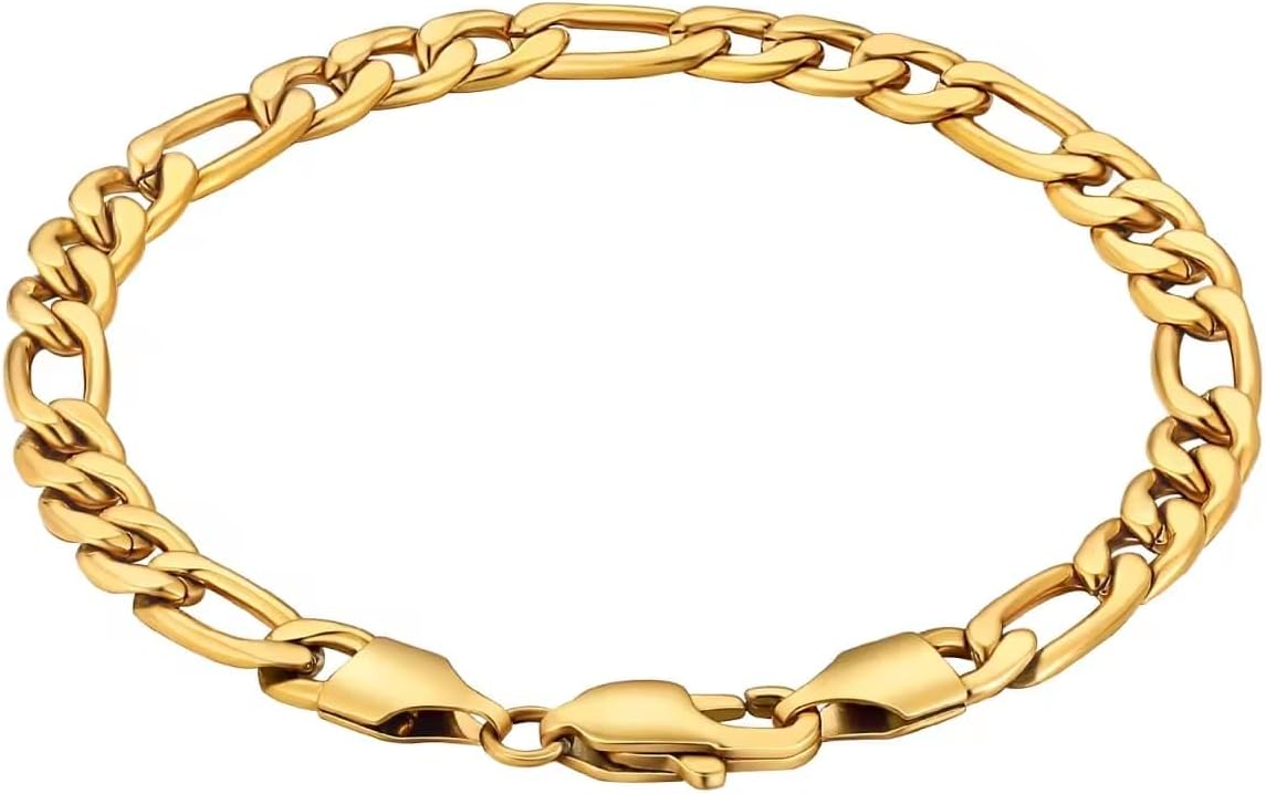 18K Gold Plated 5mm Figaro Chain Bracelet for Men – Stainless Steel, Durable Shine, Lobster Clasp – Available in 7Inch and 8Inch Sizes