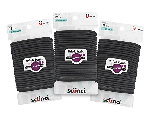 Scunci Effortless Beauty Thick Hair No-Damage Elastics, Black, 24 count (Pack of 3)