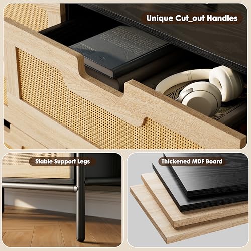 GarveeHome Natural Rattan 6 Drawer Double Dresser, Wooden Chest of Drawer, Farmhouse Storage Cabinet with Solid Metal Legs, Modern Storage Unit for Bedroom, Living Room, Entryway, Black+Oak