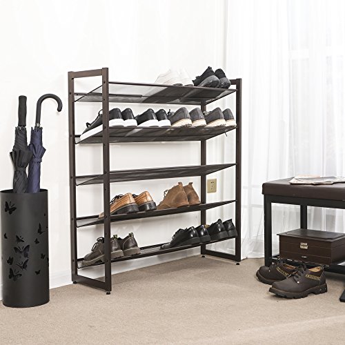 Image of SONGMICS 5-Tier Metal Shoe Rack Adjustable to Flat or Slant Shoe Organizer Holder Stand Shelves Stackable for Entryway Bedroom Bronze ULMR05A