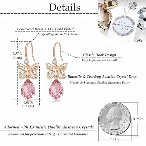 Austrian Crystal Teardrop Butterfly Drop Dangle Earrings for Women 14K Rose Gold Plated Hypoallergenic Jewelry4