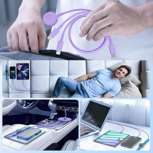 Image of for Apple Watch Charger Fast Charging,3 in 1 Multi Charger USB C Cable,iWatch Charger Cord 6FT for iWatch Ultra3 /2 /1 /SE 3 /2 Series 11 /10 /9 /8 /7 /6 /5 /4,for iPhone17 15 16 Pro Max /14 /13 /12 /11-Purple