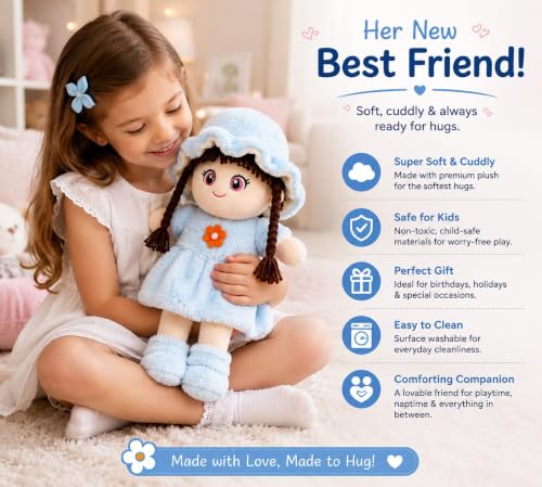Image of Cute Doll Soft Toy for Girls 40CM | Sky Blue Plush Doll Teddy for Kids | Ultra Soft Stuffed Baby Doll Toy | Huggable Washable Plush Toy Gift for Boys & Girls