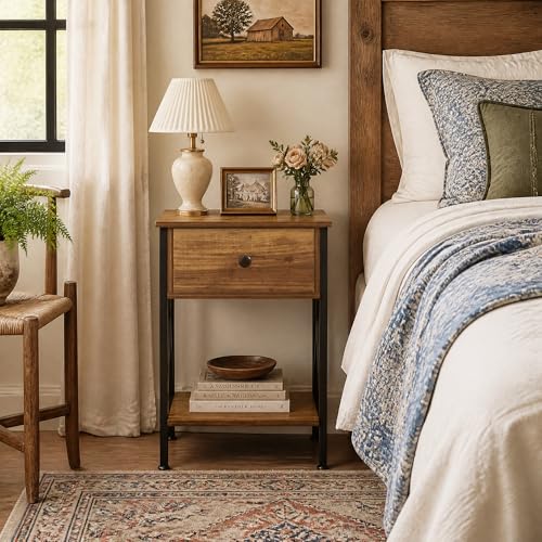 VECELO Nightstands Set of 2, Modern Bedside End Tables, Night Stands with Drawer and Storage Shelf for Living Room Bedroom, Industrial Metal Frame