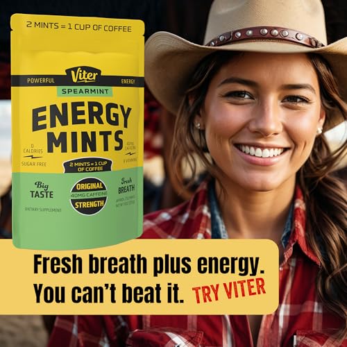 Image of Viter Energy 40mg Caffeine Mints - Sugar Free, B Vitamins, Vegan, Boosts Fast Energized Alert Focus, Caffeinated Nootropic Supplement Pills (Spearmint Flavor, 8oz, Bulk Bag)
