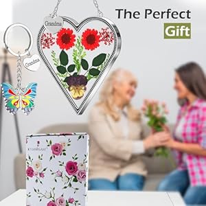 Kybosam heart suncatcher for windows hangings grandma gift stained glass butterfly suncatcher pressed flower between heart in glass metal engraved charm gift for women mothers day birthday christmas  urban country home decor