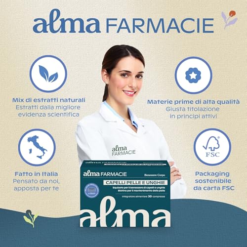 Capelli, Pelle e Unghie Alma Farmacie 30 compresse con Biotina, Zinco, Ginkgo Biloba, Integratore Alta Concentrazione, con 3 Strati Rilascio Prolungato - 2
