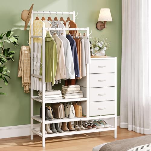 FEONASE 3 en 1 Commode Chambre, Comprenant 4 Tiroirs en Tissu, avec 2 Porte-Manteaux Et 5 Crochets, Le Design De Rangement à Trois Couches inférieur Peut...