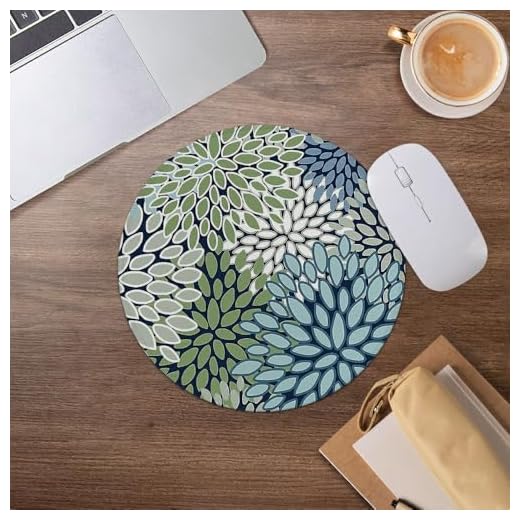 Light Blue and Olive Green Dahlia Floral Mouse Pad Mousepad for Desk Home Office Dorm Computers Laptop Accessories, 7.9x7.9 Inch