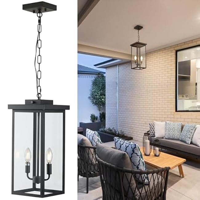 tewei 17.3'' Large Outdoor Pendant Lantern Light for Porch, 2-Light Black Metal Exterior Hanging Pendant Light Fixture Dusk to Dawn, Ceiling Hanging Chandelier Lighting for Foyer, Entryway, E12