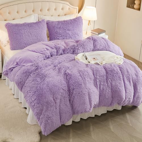 EMME Plüsch Bettwäsche Set 135x200cm Biber Flauschige Bettdecke Set für Bett Shaggy und Plüsch weiche Bettwäsche Bettbezüge und 1 Kissenbezug 80x80cm, Lila