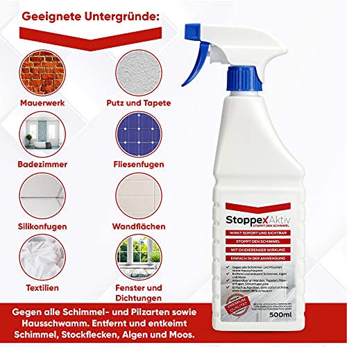 STOPPEX AKTIV Profi Schimmelentferner für Wand, Bad & Silikonfugen – Extra starkes, chlorhaltiges Anti-Schimmel Spray mit Stoppex Aktiv-Formel | Schimmelspray gegen Schimmel & Stockflecken 5