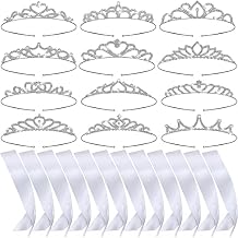 12 Set Crown and Sashes Set Blank Satin Sashes for Pageants Rhinestone Prom Queen Tiara Crown White Blank DIY for Birthday Holiday Wedding Bridal Shower Prom Party Supplies