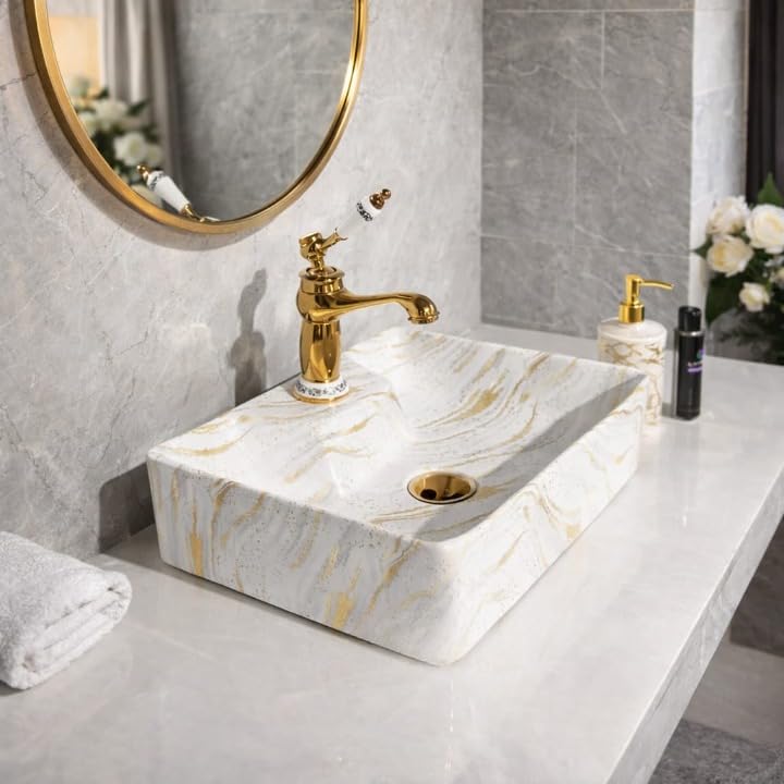 Image of Ceramic Tabletop Wash Basin - Glossy Rectangular Countertop Vessel Sink with Marble Finish for Bathroom & Vanity | Compact 16 x 13 x 5 Inch | Elegant Washbasin