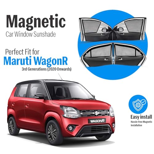 Image of Autofact Magnetic Car Sunshades Compatible with Maruti Wagon r (2019 to 2024) (Set of 4) - Easy Installation, UV Protection (Front 2 Half-Cut for Side Mirror Visibility, Rear 2 with Zippers)