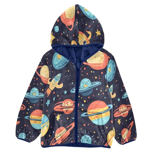Space Themed Planets Pattern Toddler Fleece Jacket Girl Boys Hooded Fleece Jacket Coat Warm Outwear Zip-up 3-10T