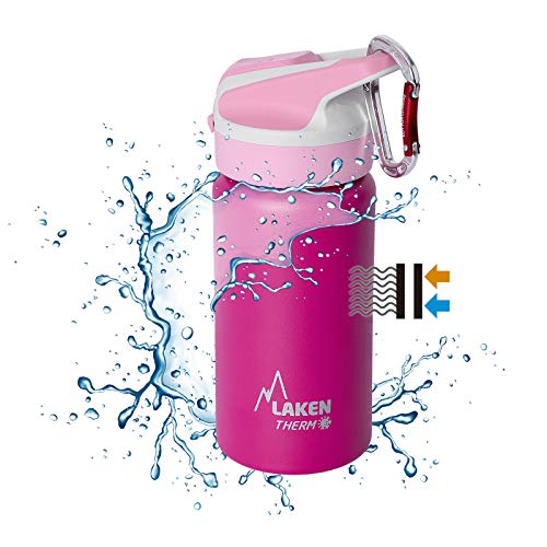 PracticFood Pack Botella Térmica Laken Summit en Acero Inoxidable de 0.35L, Doble Pared de Vacío, con Mosquetón de 6 cm. (Fucsia)