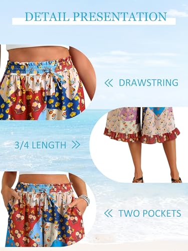 Image of Womens Wide Leg Palazzo Capri Pants Fun Vintage Print Flowy Cropped Capris