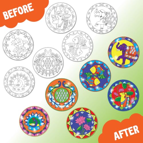 Image of SparkLPlay DIY Indian Mirror Art for Kids. Coloring Set with - 6 Magnetic Cutouts,12 Color Pens & 100+ Mirror Stickers. Creative Art & Craft. Mess Free. Gifts for Kids.
