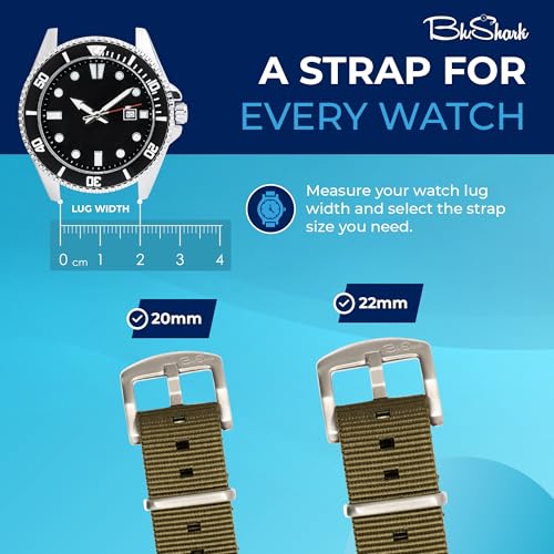 Image of BluShark - Original Collection Military-Style Waterproof Watch Strap, Fits All Timepiece Brands, Durable Nylon Wristwatch Accessories with Stainless Steel Buckle - 18mm, 20mm, 22mm & 24mm Watch Bands