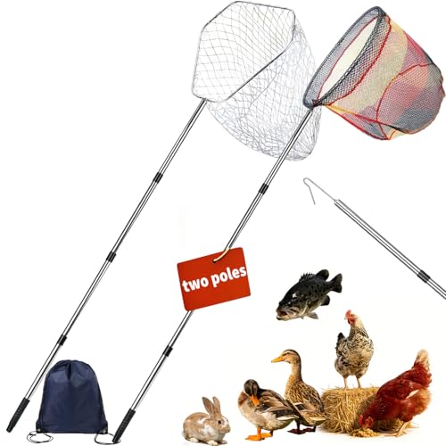 LOADFIZZ 2-Pack Stainless Steel Adjustable Poultry Catching Net 47 to 106 Adjustable Length Heavy Duty Capture Net for Chickens Ducks Geese Birds & Fish Includes 2 Nets & 2 Poles