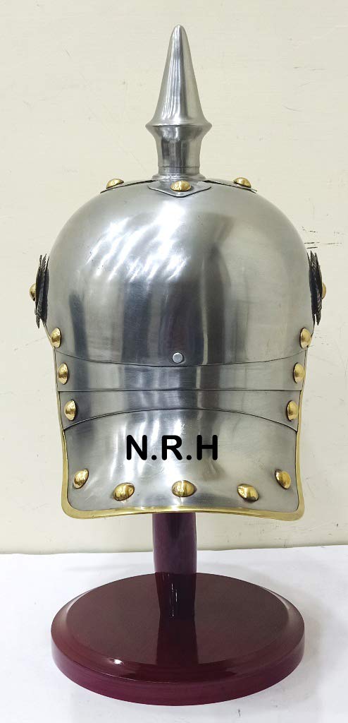 Halloween German Pickelhaube Military Helmet |Steel Imperial Prussian Officer Spiked | WWI & WWII Helmets with Wooden Stand Silver Finish
