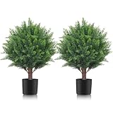 19' Artificial Cedar Topiary Ball Trees Set of 2 - UV Resistant Shrubs & Bushes Potted Plants for Outdoor Indoor Front Porch Garden