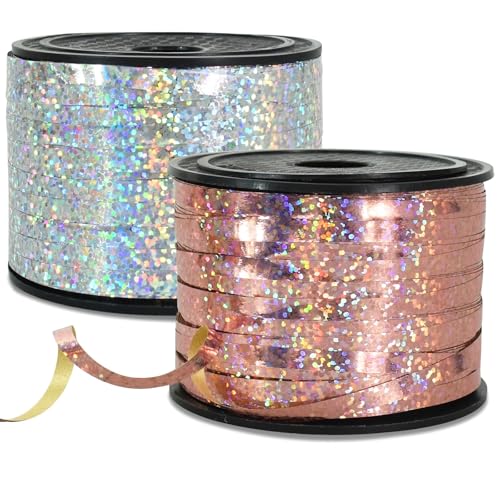 RIBBOOO 2 Rolls Geschenkband Laserband Rot&Silber - 5mm Luftballons Band Geschenkverpackung für Weihnachtsdeko Ballonverschlüsse Geschenkverpackung Hochzeitsdeko (200 Yard Balloon Ribbon）