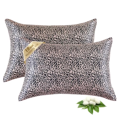 Image of THXSILK Set of 2 Natural Mulberry Silk Pillowcase Hypoallergenic Zipper Pillow Case - Grade 6A+ Real Mulberry Silk Pillowcase Organic Silk Pillow Case (Leopard Print, Queen Size 20 inchx30 inch)