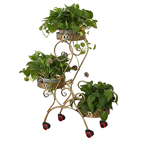  KOIAMVZW Stand da pianta per Interno a 3 Livelli, con Ruote Multifunzionale Supporto per Fiori di Metallo per Soggiorno, Supporto per portametro a pentola per portametro a Fiore Stabile, Rame, Rame