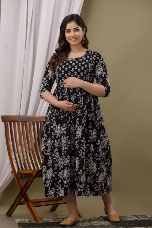 Image of JAIPURFAME Stylish Women's Pure Cotton All Over Printed Kurti Gown, Maternity Dress, and Feeding Dress - Comfortable and Elegant Maternity Wear for Women