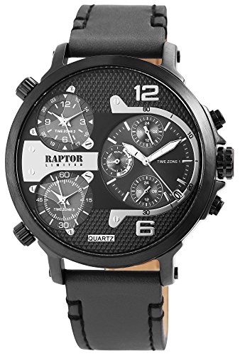 Raptor Limited Herren-Uhr Leder Armbanduhr grau schwarz 3 Zeitzonen 24 Std. Anzeige Tachymeter Datums-/ Wochentaganzeige