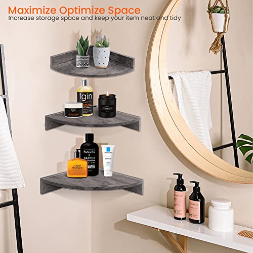 Homode Corner Floating Shelves, Set Of 3 Corner Wall Shelves For Storage And Display, 3 Tier Wood Hanging Shelf Organizer For Cable Box, For Bedroom, Bathroom, Kitchen, Rustic Grey #TOP5