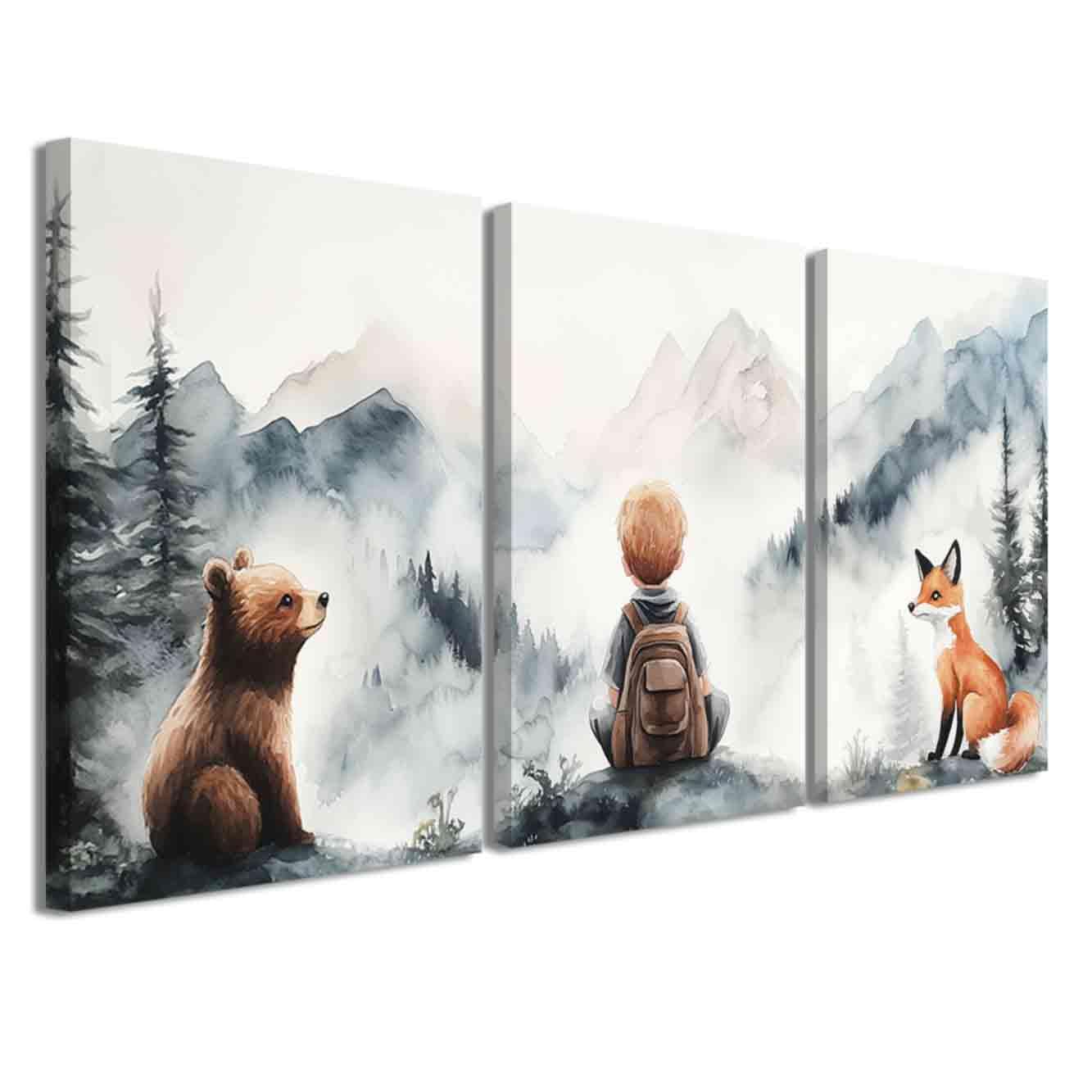 ZXHYWYM 3 Pcs Adventure Nursery Wall Art Woodland Animal Picture Wall Decor Watercolor Mountain Poster Boy Girl Artwork Foggy Forest Canvas Prints Kids Room (Gray, (50x70cmx3 Pieces))