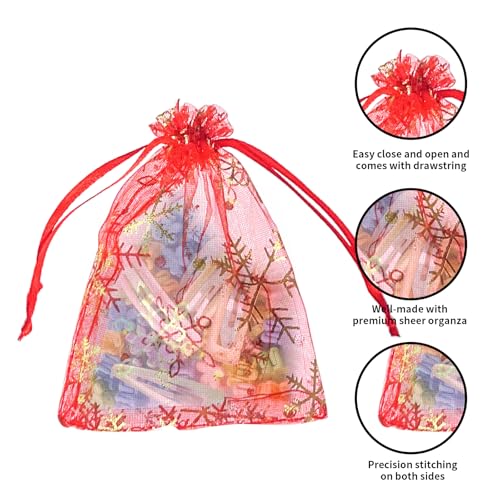 Image of YHJZ 50PCS Snowflake Organza Bags, 4x6 inches Small Christmas Gift Bags with Drawstring, Mesh Bags for Gift (Red Christmas)