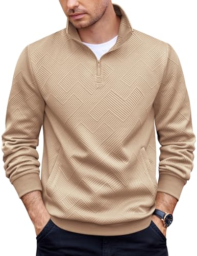 COOFANDY Mens Quarter Zip Pullover Casual Long Sleeve Quilted Sweatshirt Mock Neck Polo Sweater with Pocket