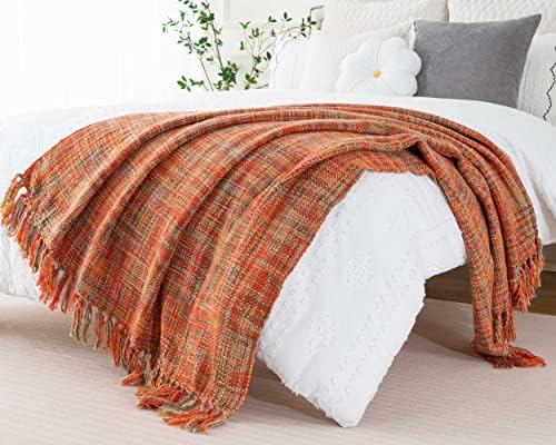 BATTILO HOME Sofa Throw Blanket with Fringe Rustic Farmhouse Decorative Boho Knitted Throw Travel Blanket Nap Throw for Armchair, Couch and Bed (Burnt Orange)